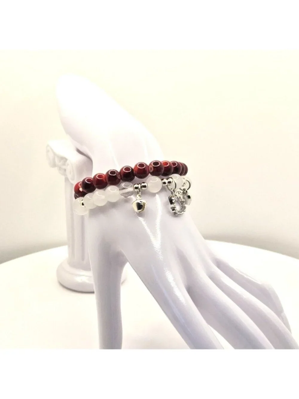 Cat Bracelet Gift for Her, Red Beaded Bracelet Stack, Kitty Charm Bracelet, Cute